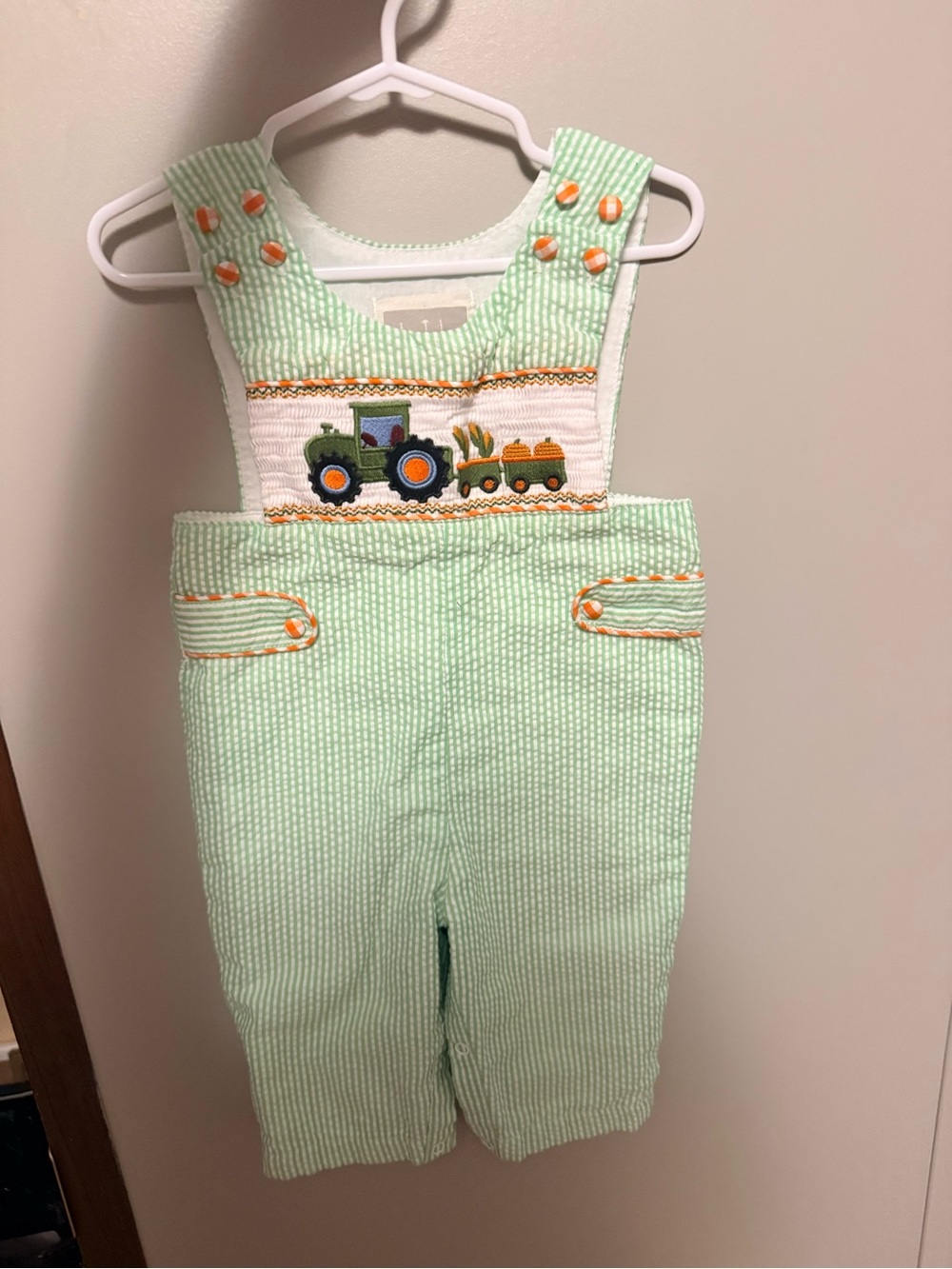 Mint Green Seersucker Tractor Smocked Overalls - Kids